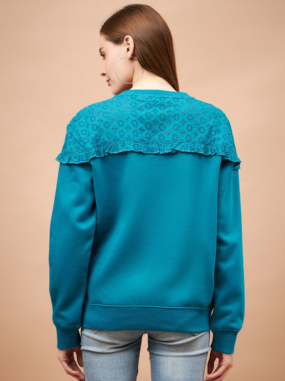 Gipsy Blue Solid & Net Poly Cotton Sweatshirt