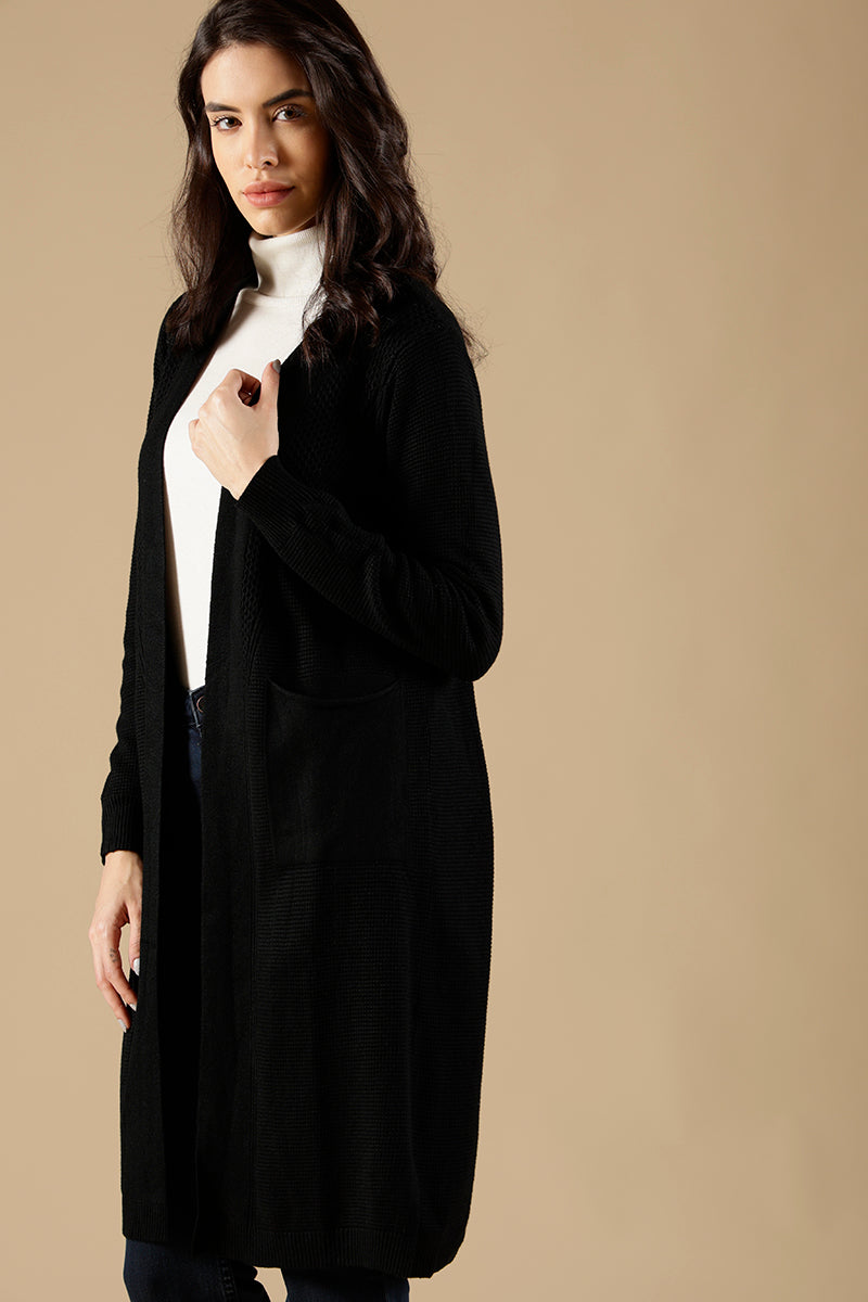 Black Regular Fit Acrylic Long Cardigan