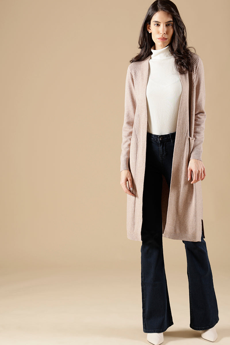 Khaki Regular Fit Acrylic Long Cardigan