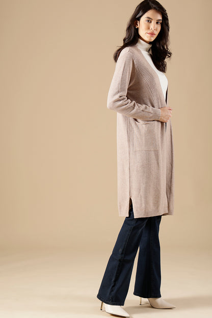 Khaki Regular Fit Acrylic Long Cardigan