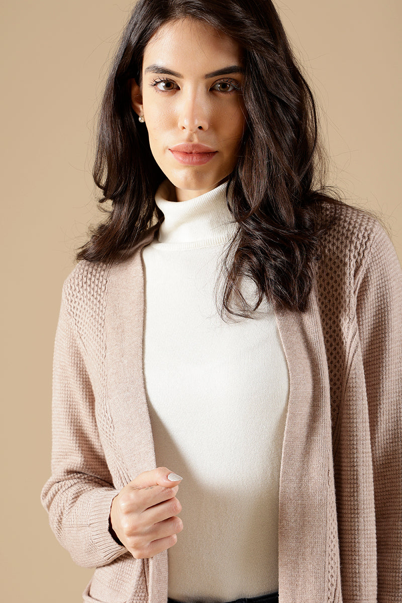 Khaki Regular Fit Acrylic Long Cardigan
