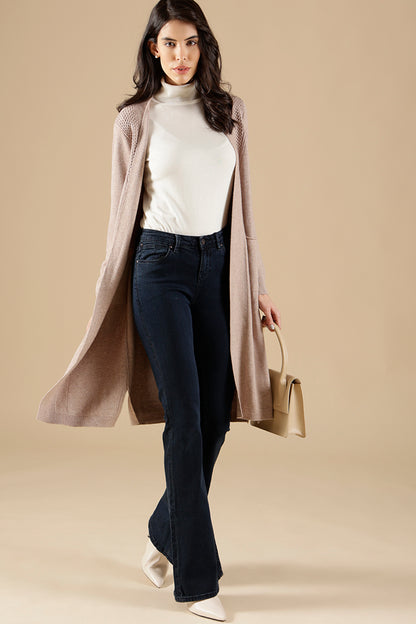 Khaki Regular Fit Acrylic Long Cardigan