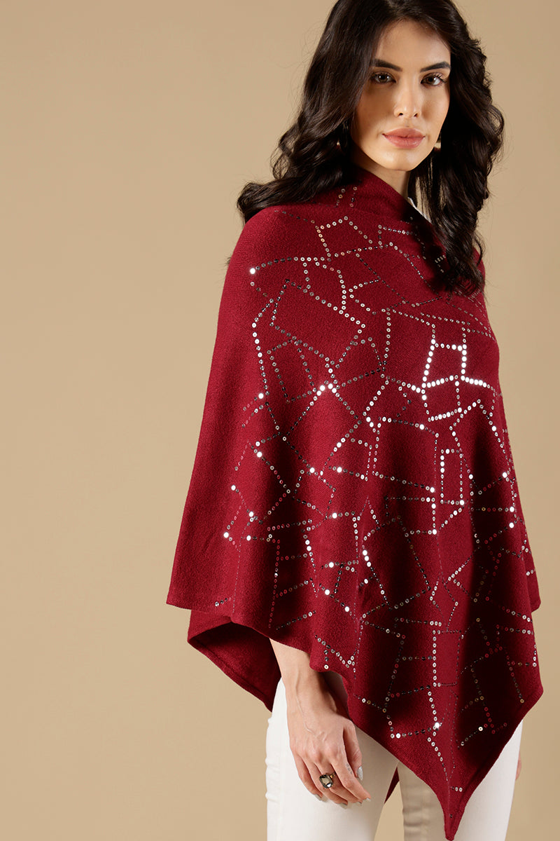 Wine Regular Fit Acrylic Poncho