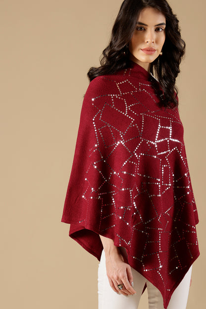 Wine Regular Fit Acrylic Poncho
