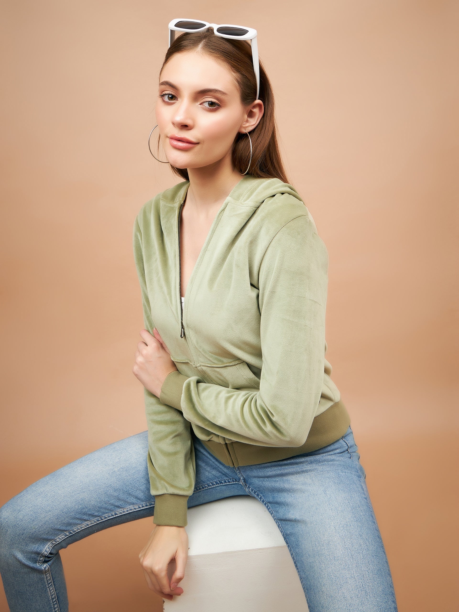 Mint Green Regular Length Long Sleeves PolyCotton Hoodies SweatShirt
