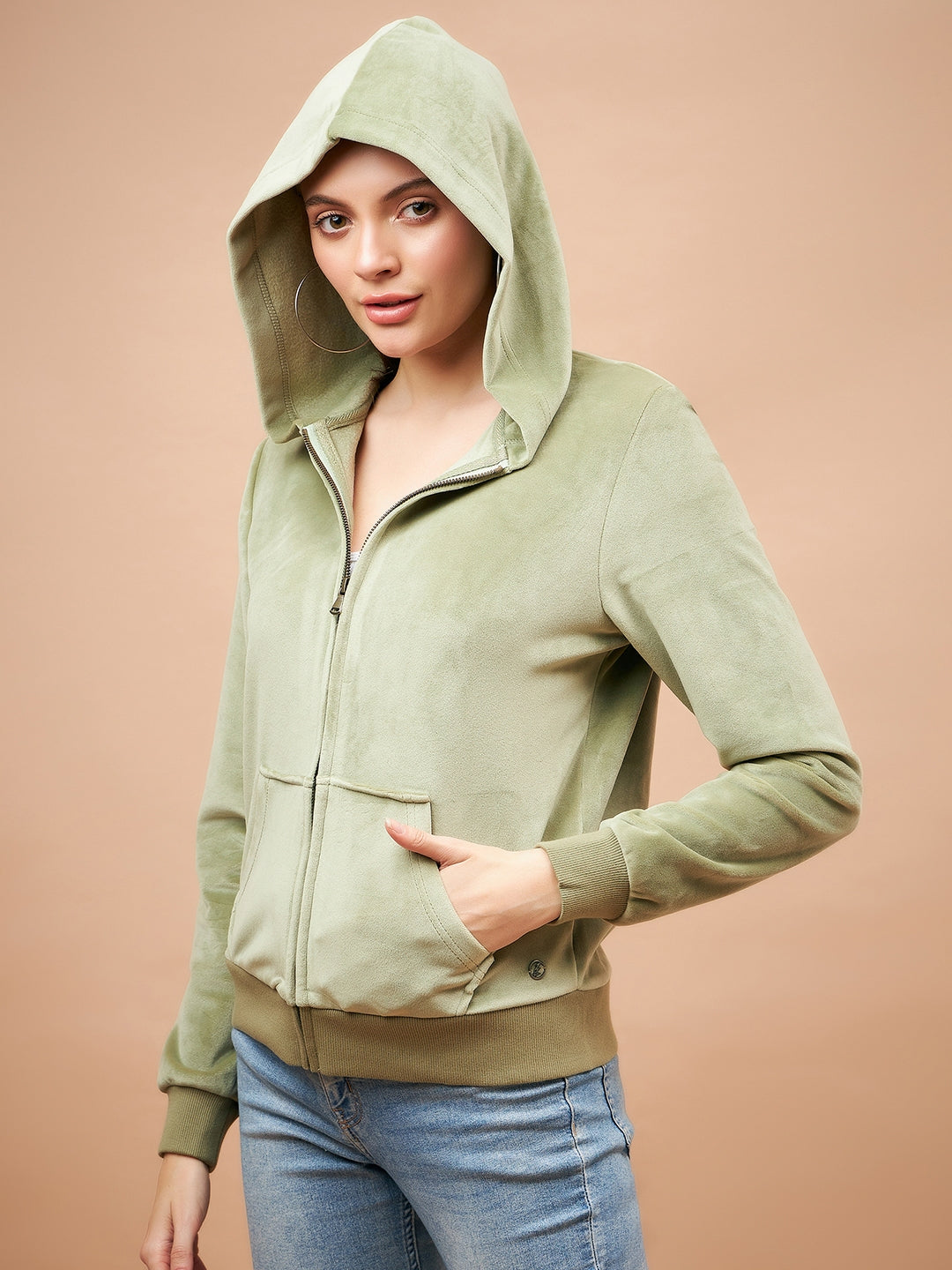 Gipsy Women Hoodie Neck Straight Full Sleeve Cotton/Poly Fabric Mint Green Sweatshirt