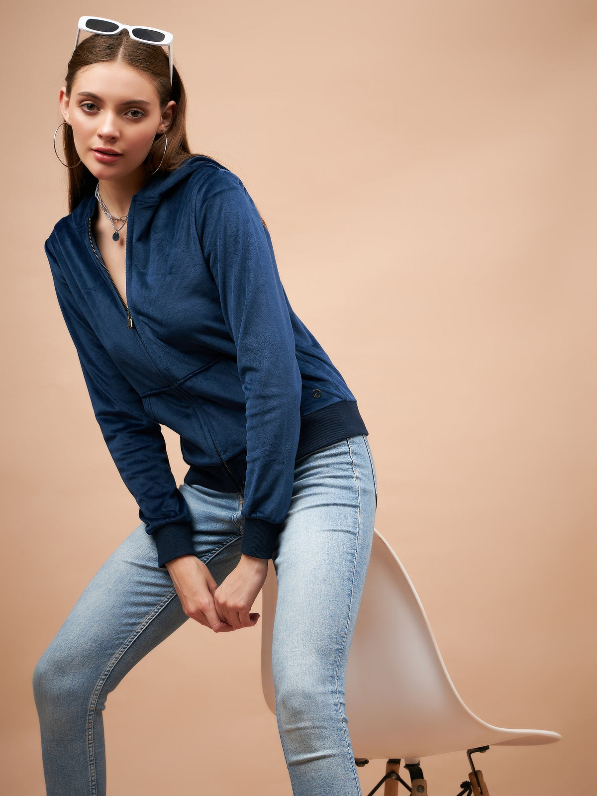 Gipsy Women Hoodie Neck Straight Full Sleeve Navy Sweatshirt