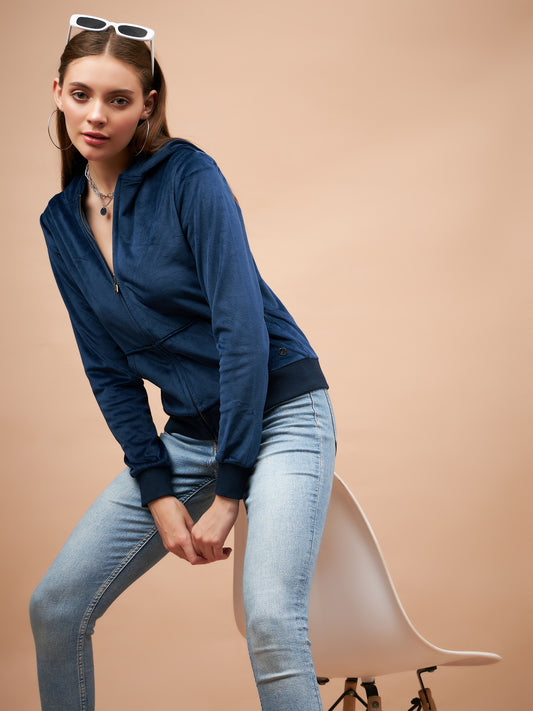 Gipsy Women Hoodie Neck Straight Full Sleeve Navy Sweatshirt