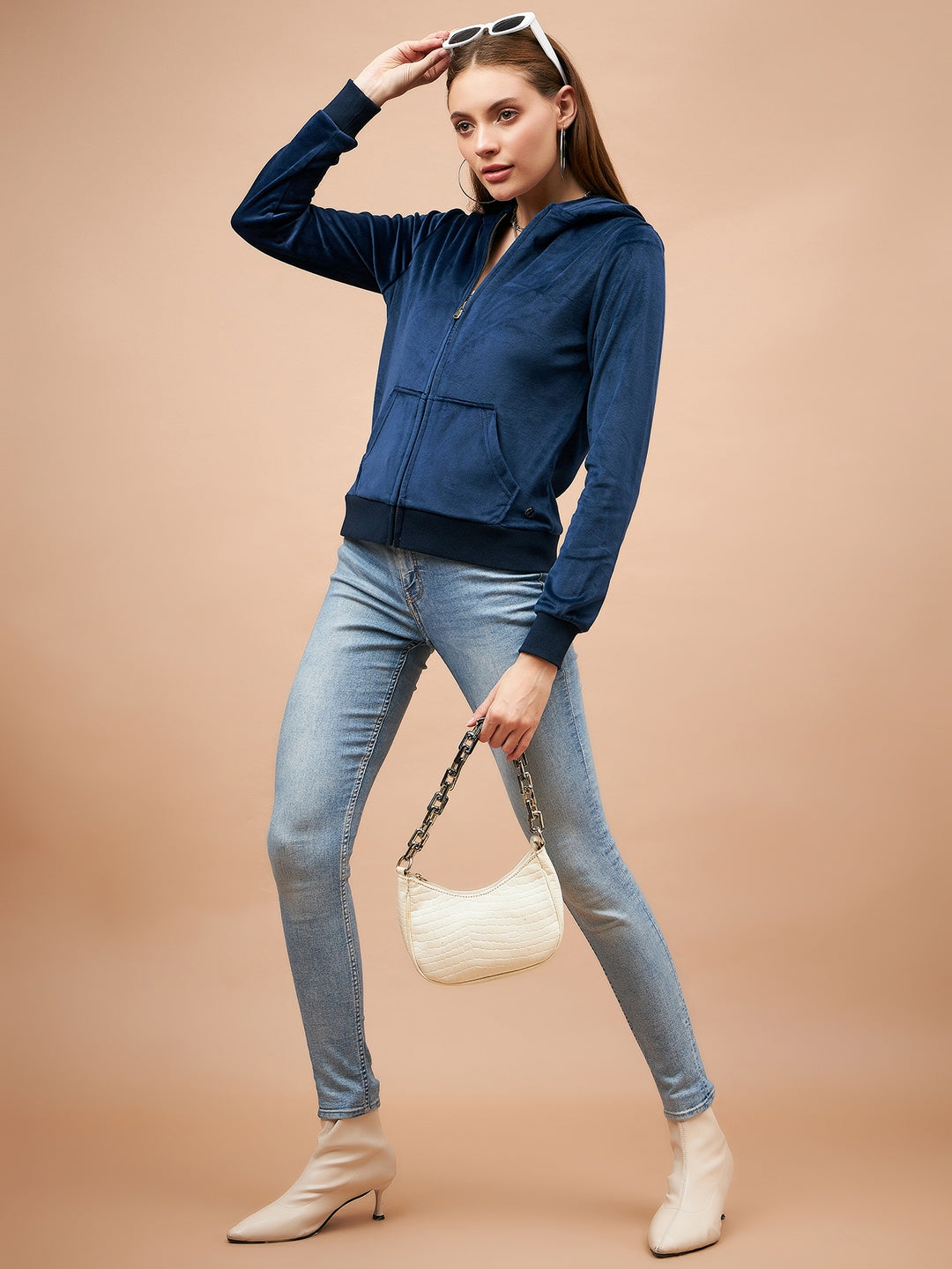 Gipsy Women Hoodie Neck Straight Full Sleeve Navy Sweatshirt
