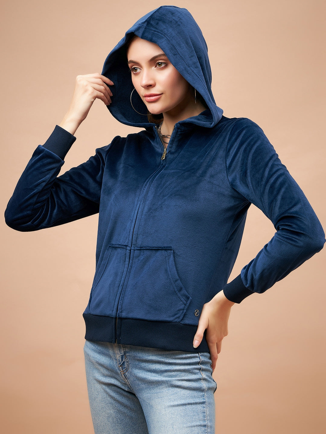 Gipsy Women Hoodie Neck Straight Full Sleeve Cotton/Poly Fabric Navy Sweatshirt