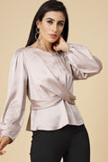 Gipsy Women Beige Solid Satin Bishop Full Sleeve Round Neck Top
