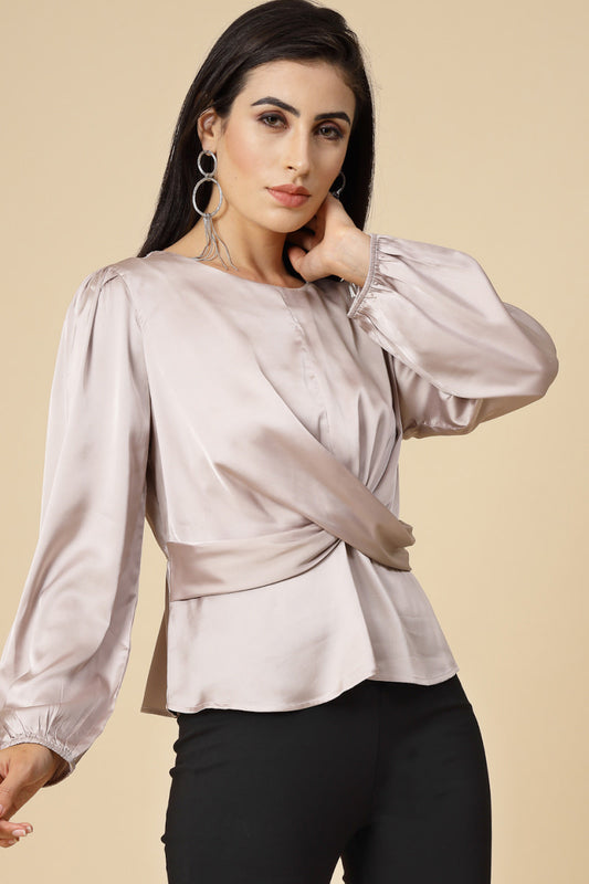 Gipsy Women Beige Solid Satin Bishop Full Sleeve Round Neck Top