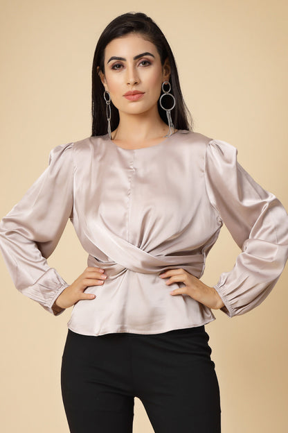 Gipsy Women Beige Solid Satin Bishop Full Sleeve Round Neck Top