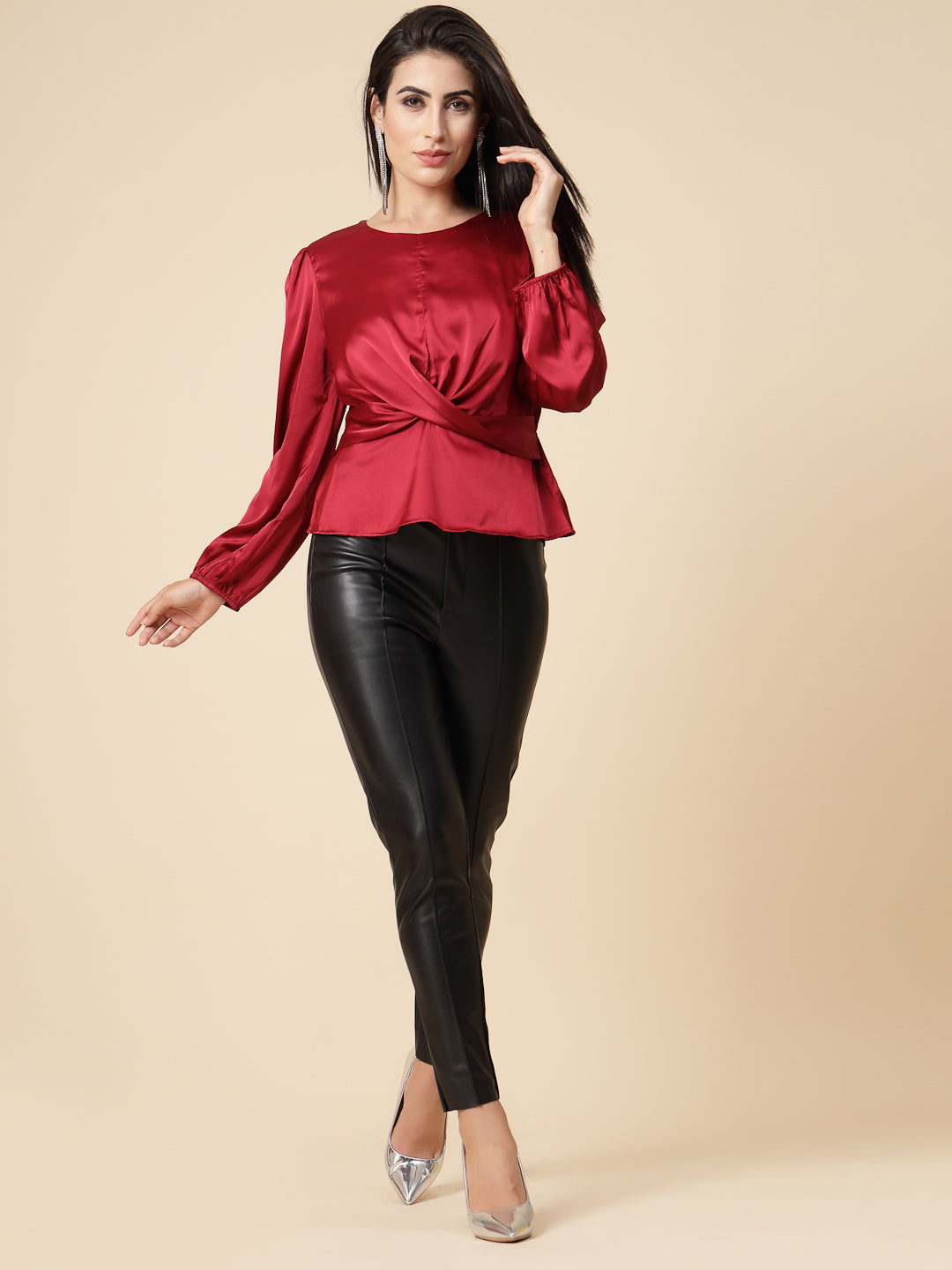 Gipsy Women Maroon Solid Satin Bishop Full Sleeve Round Neck Top