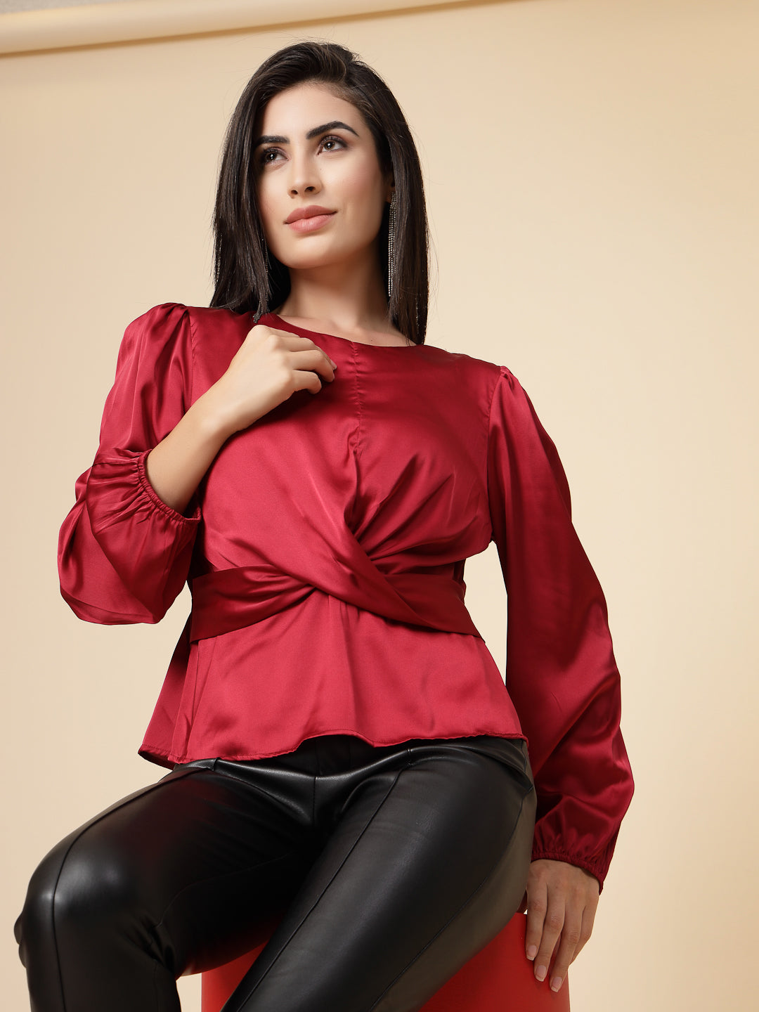 Gipsy Women Maroon Solid Satin Bishop Full Sleeve Round Neck Top