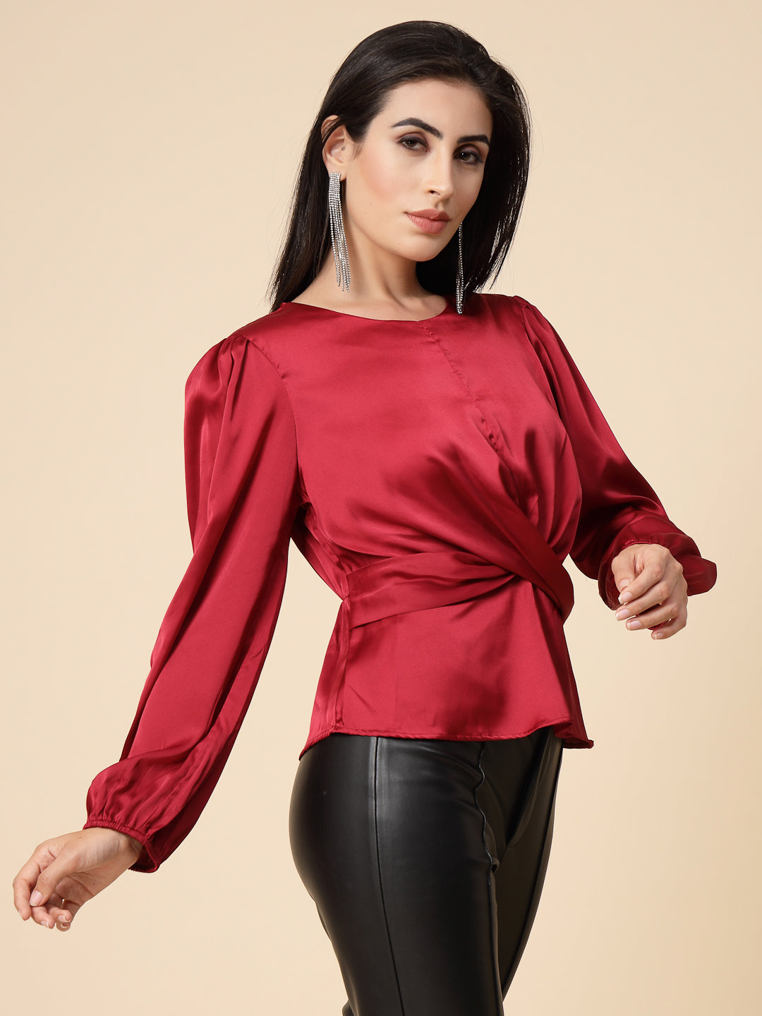 Gipsy Women Maroon Solid Satin Bishop Full Sleeve Round Neck Top