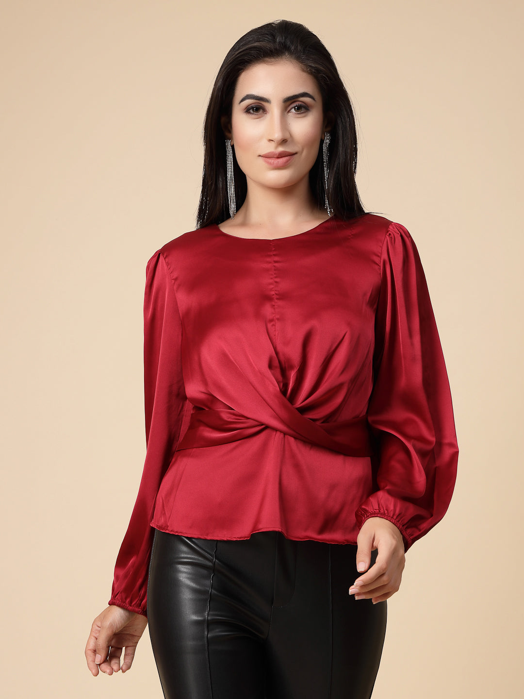 Gipsy Women Maroon Solid Satin Bishop Full Sleeve Round Neck Top