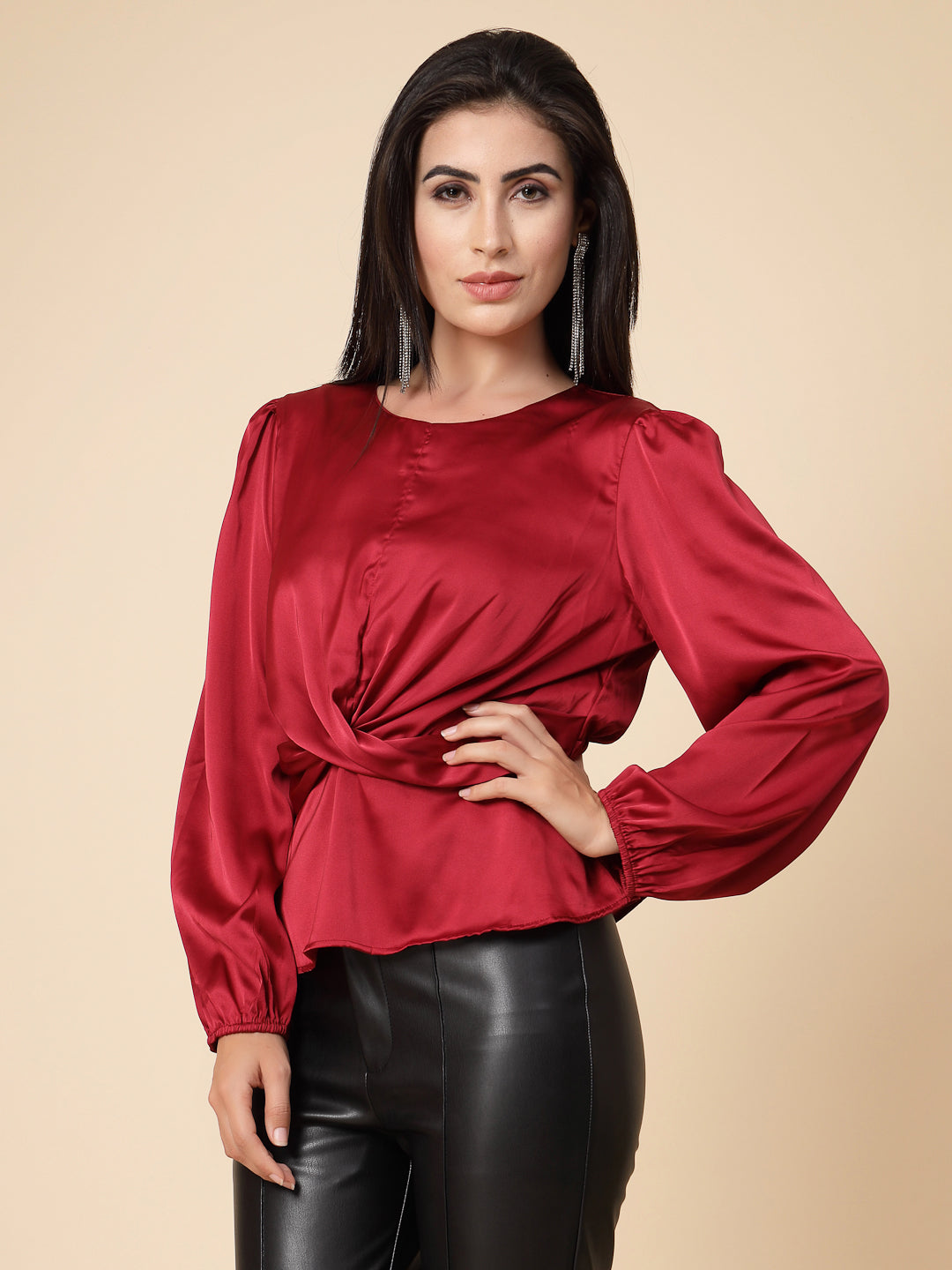 Gipsy Women Maroon Solid Satin Bishop Full Sleeve Round Neck Top