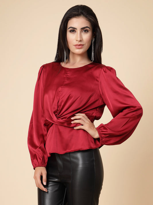 Gipsy Women Maroon Solid Satin Bishop Full Sleeve Round Neck Top
