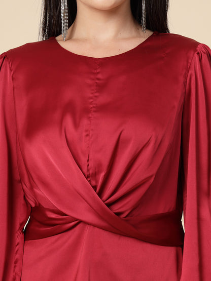 Gipsy Women Maroon Solid Satin Bishop Full Sleeve Round Neck Top