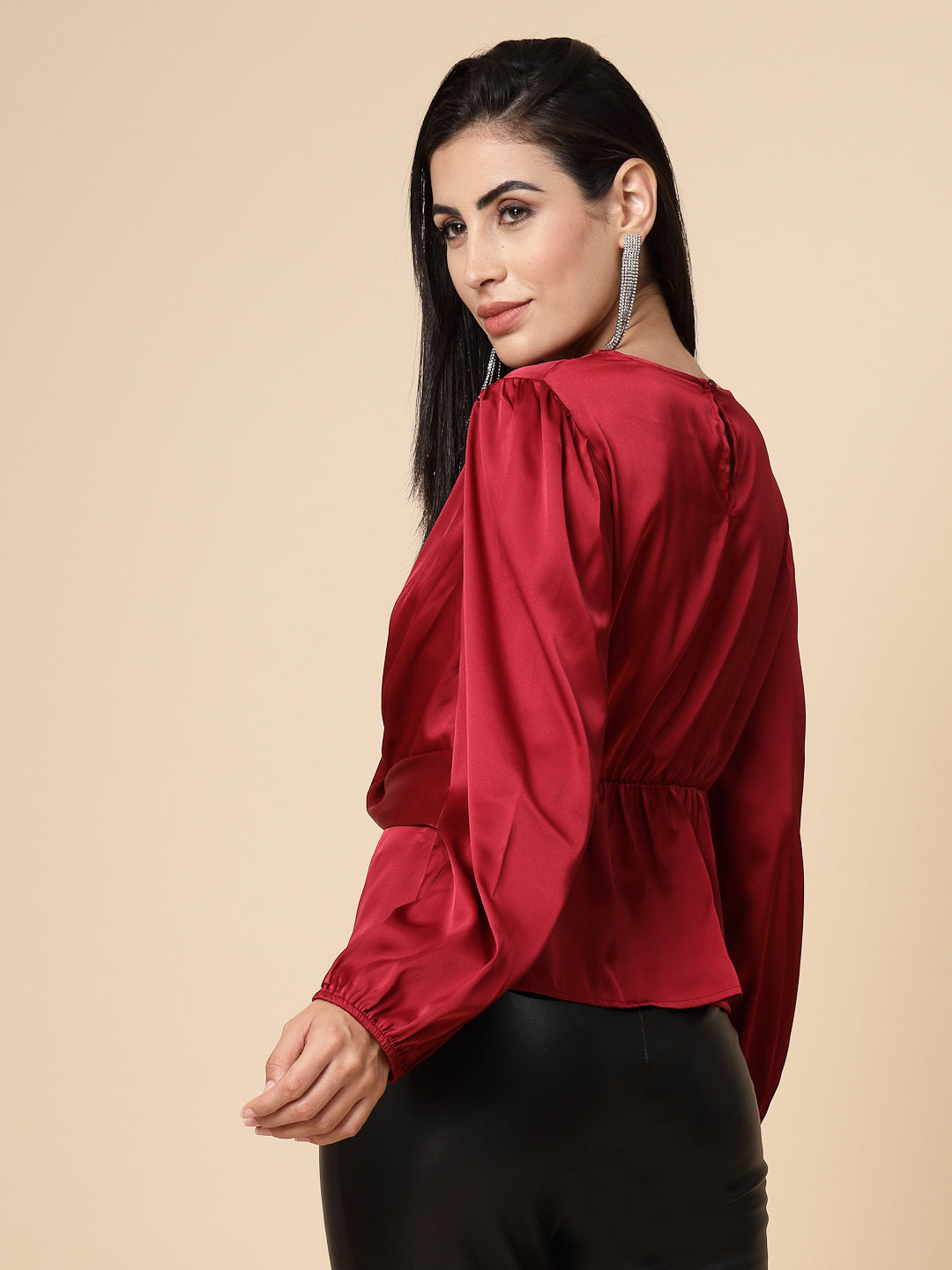 Gipsy Women Maroon Solid Satin Bishop Full Sleeve Round Neck Top