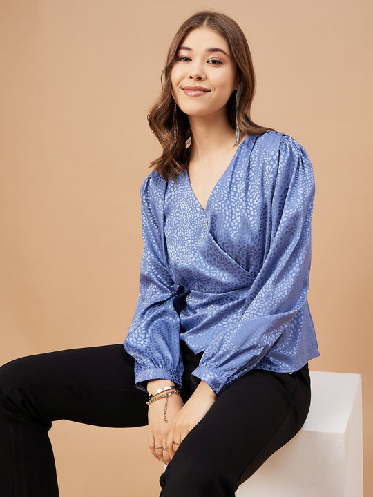 Gipsy Women Blue Grey Solid Polyester  Bishop Sleeve V Neck Blouse