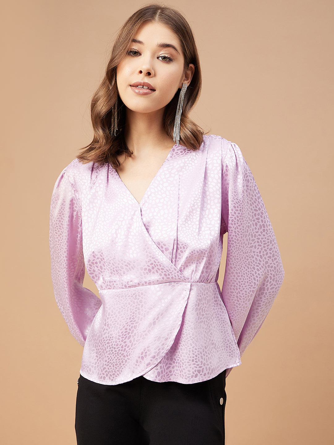 Gipsy Women Lavender Solid Polyester  Bishop Sleeve V Neck Blouse