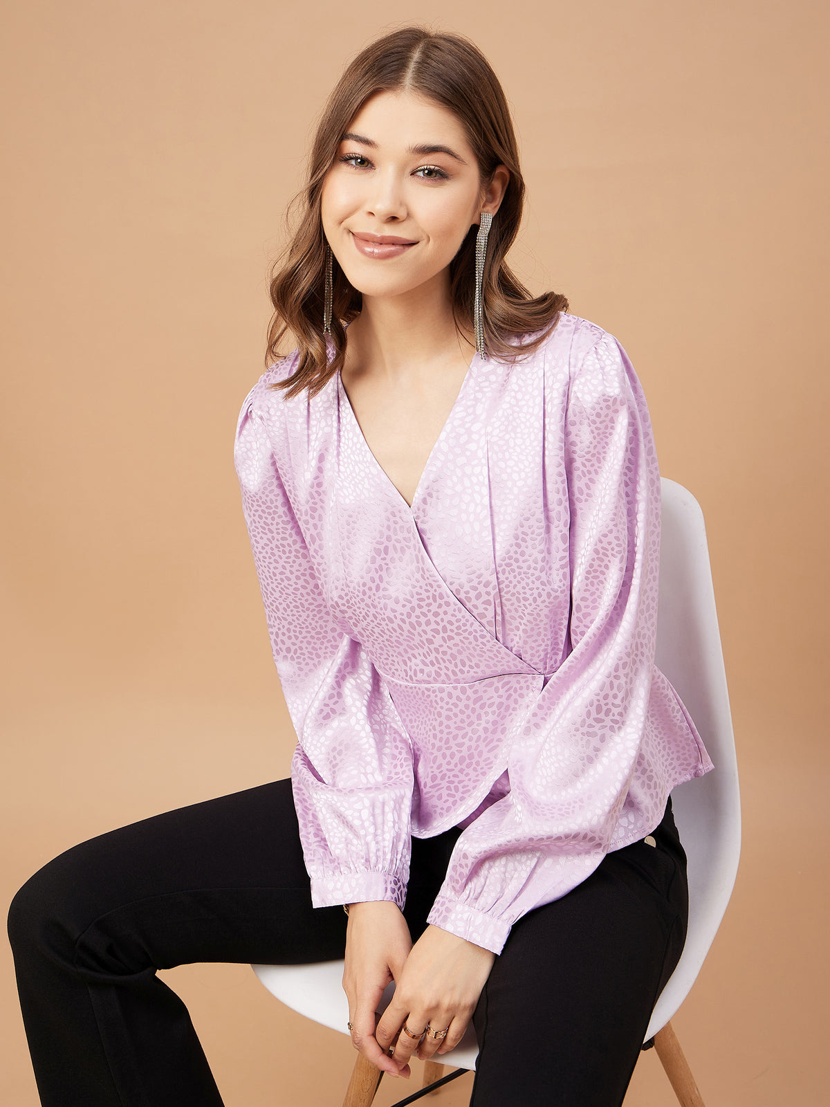 Gipsy Women Lavender Solid Polyester  Bishop Sleeve V Neck Blouse