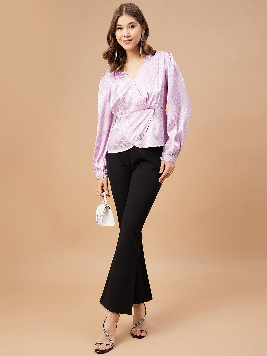 Gipsy Women Lavender Solid Polyester  Bishop Sleeve V Neck Blouse