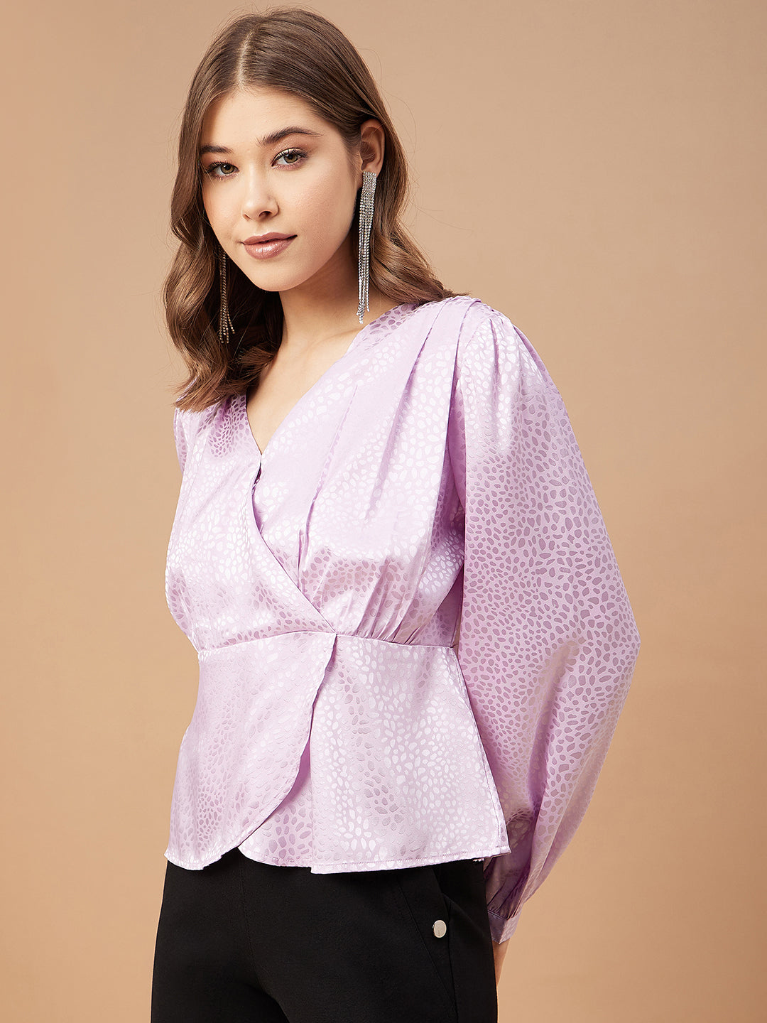 Gipsy Women Lavender Solid Polyester  Bishop Sleeve V Neck Blouse