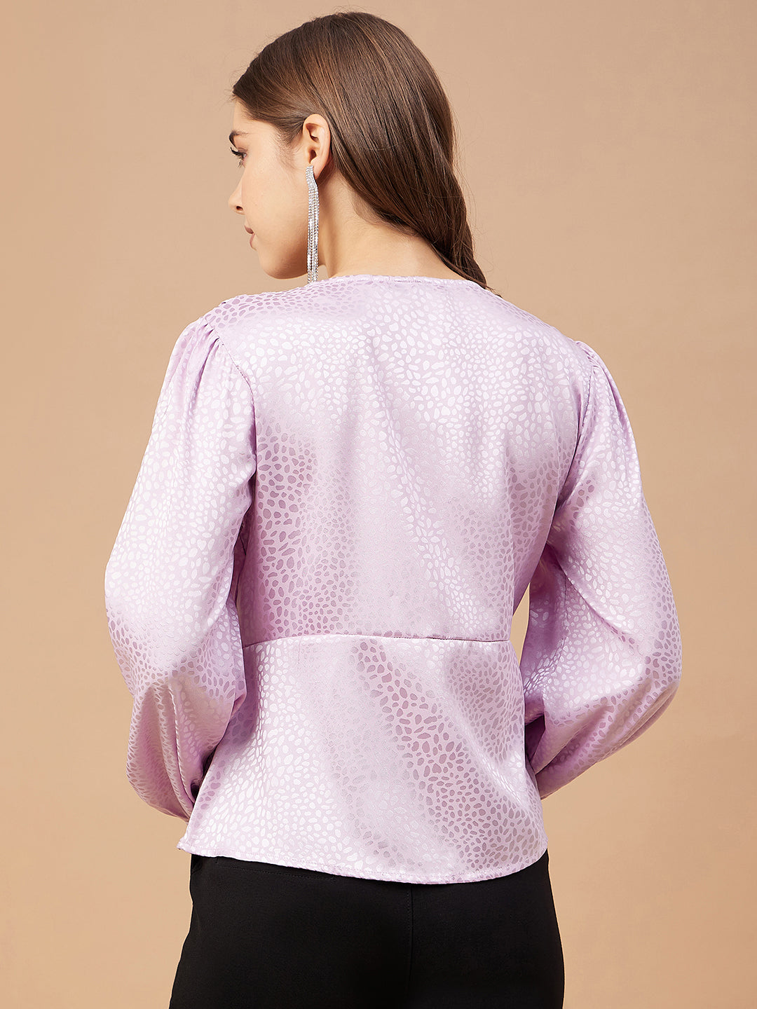 Gipsy Women Lavender Solid Polyester  Bishop Sleeve V Neck Blouse