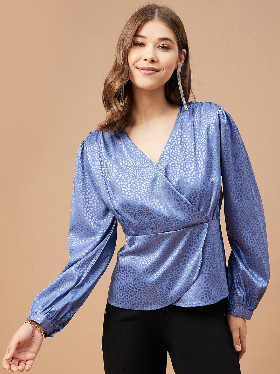 Gipsy Women Blue Grey Solid Polyester  Bishop Sleeve V Neck Blouse