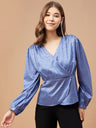 Gipsy Women Blue Grey Solid Polyester  Bishop Sleeve V Neck Blouse