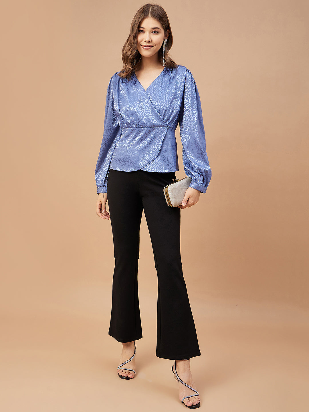 Gipsy Women Blue Grey Solid Polyester  Bishop Sleeve V Neck Blouse