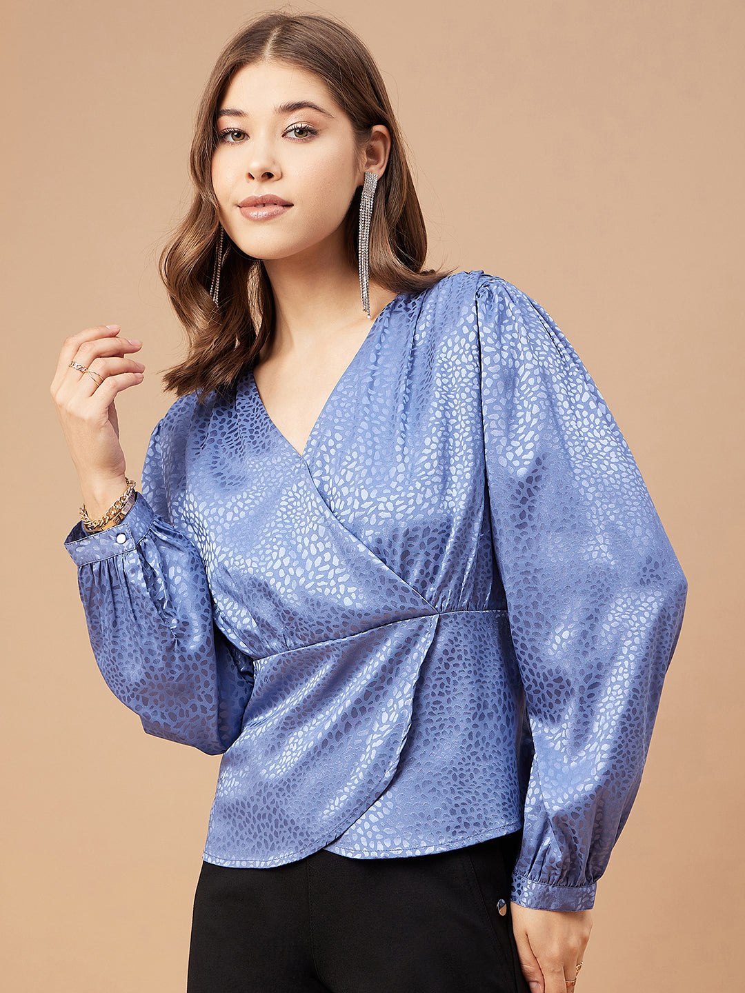 Gipsy Women Blue Grey Solid Polyester  Bishop Sleeve V Neck Blouse