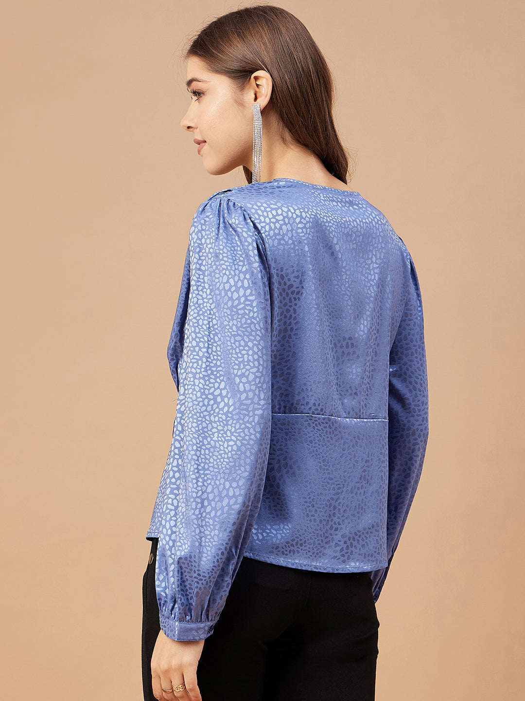 Gipsy Women Blue Grey Solid Polyester  Bishop Sleeve V Neck Blouse