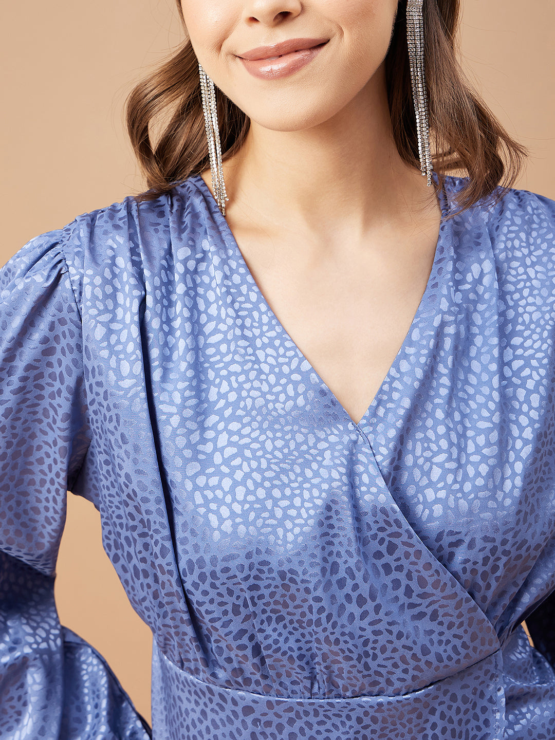 Gipsy Women Blue Grey Solid Polyester  Bishop Sleeve V Neck Blouse