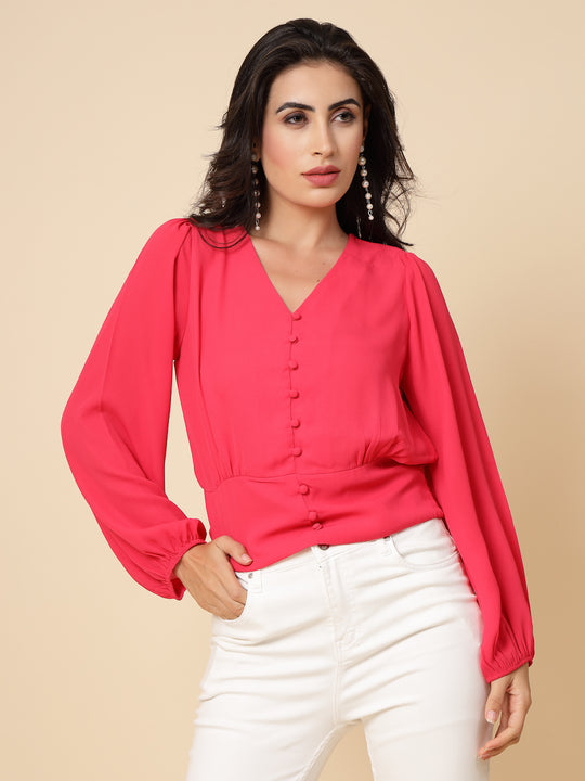 Gipsy Women Bright Pink Solid Georgette Bishop Full Sleeve V Neck Top