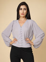 Gipsy Women Grey Solid Georgette Bishop Full Sleeve V Neck Top
