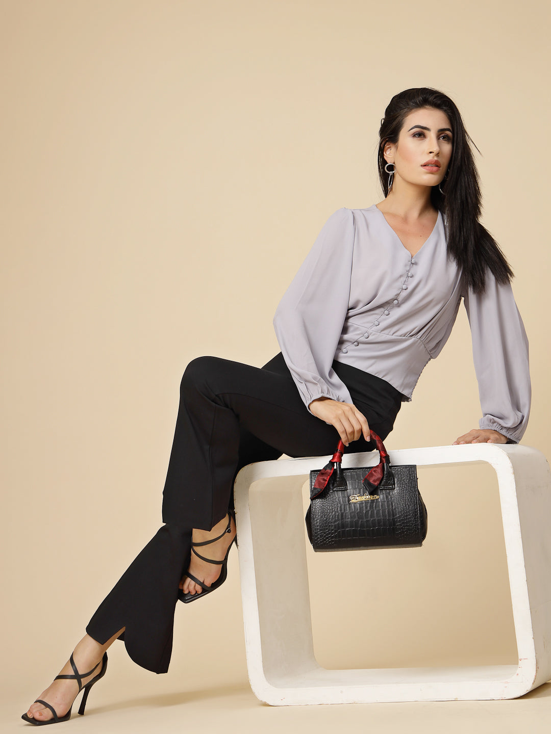Gipsy Women Grey Solid Georgette Bishop Full Sleeve V Neck Top