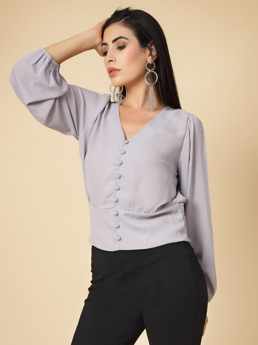 Gipsy Women Grey Solid Georgette Bishop Full Sleeve V Neck Top