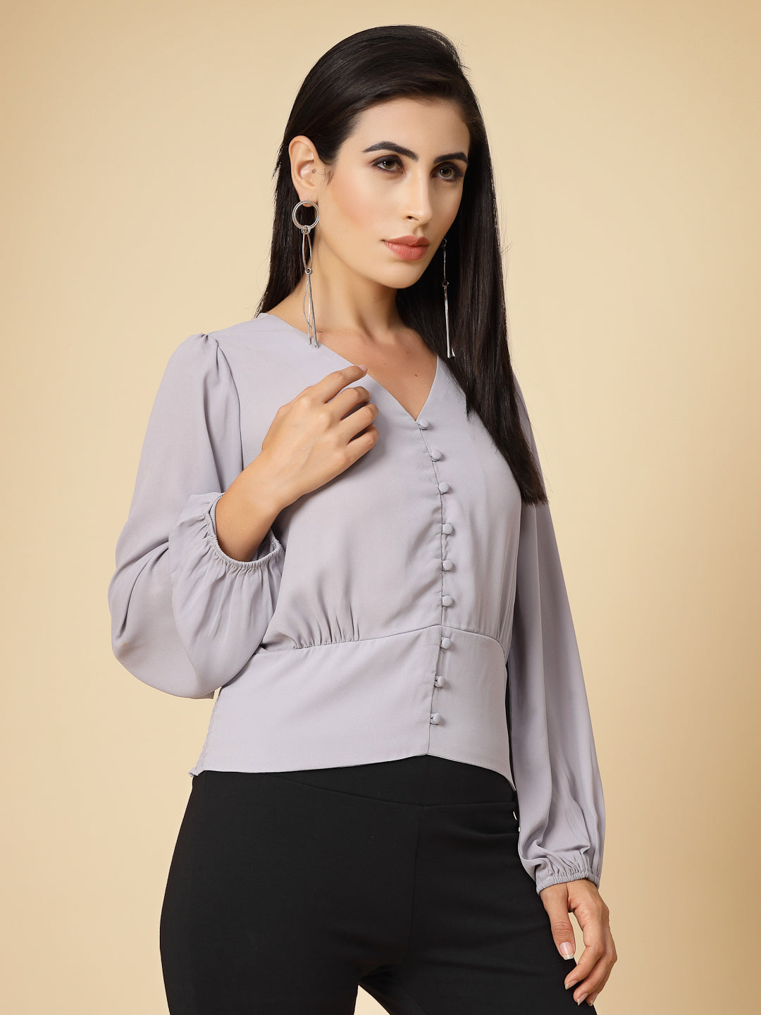 Gipsy Women Grey Solid Georgette Bishop Full Sleeve V Neck Top