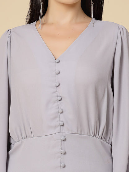 Gipsy Women Grey Solid Georgette Bishop Full Sleeve V Neck Top