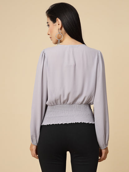 Gipsy Women Grey Solid Georgette Bishop Full Sleeve V Neck Top