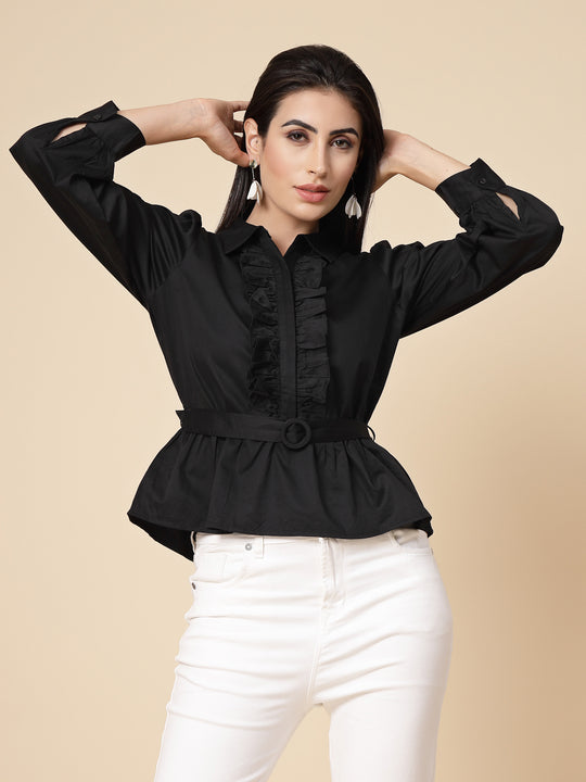 Gipsy Women Black Solid Cotton Bishop Full Sleeve Collared Frill Neck Top
