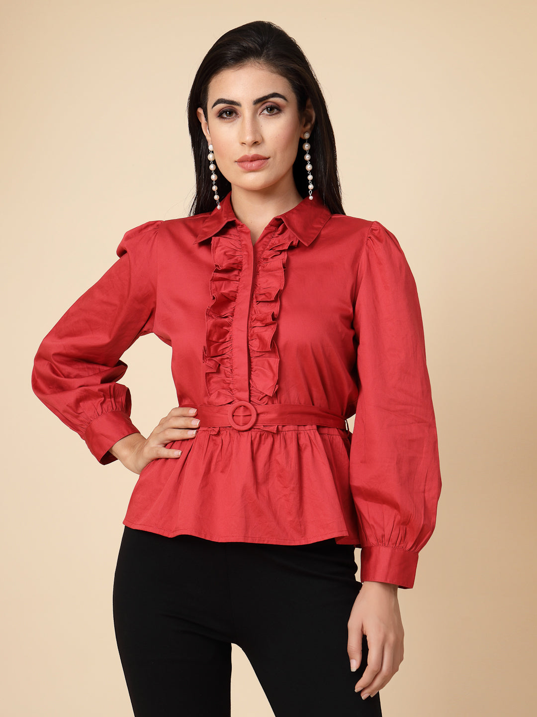 Gipsy Women Red Solid Cotton Bishop Full Sleeve Collared Frill Neck Top