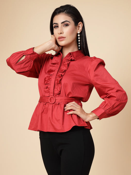 Gipsy Women Red Solid Cotton Bishop Full Sleeve Collared Frill Neck Top