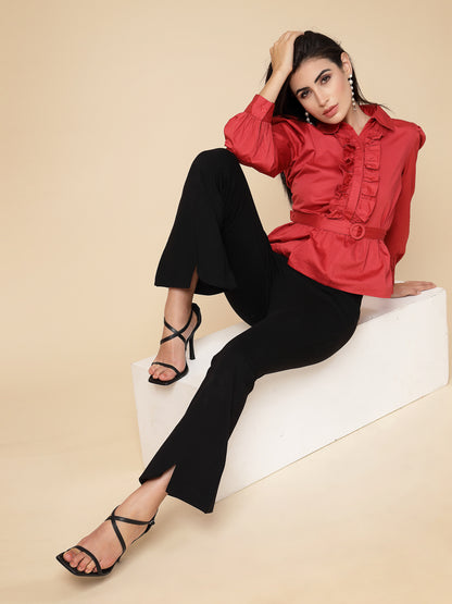 Gipsy Women Red Solid Cotton Bishop Full Sleeve Collared Frill Neck Top