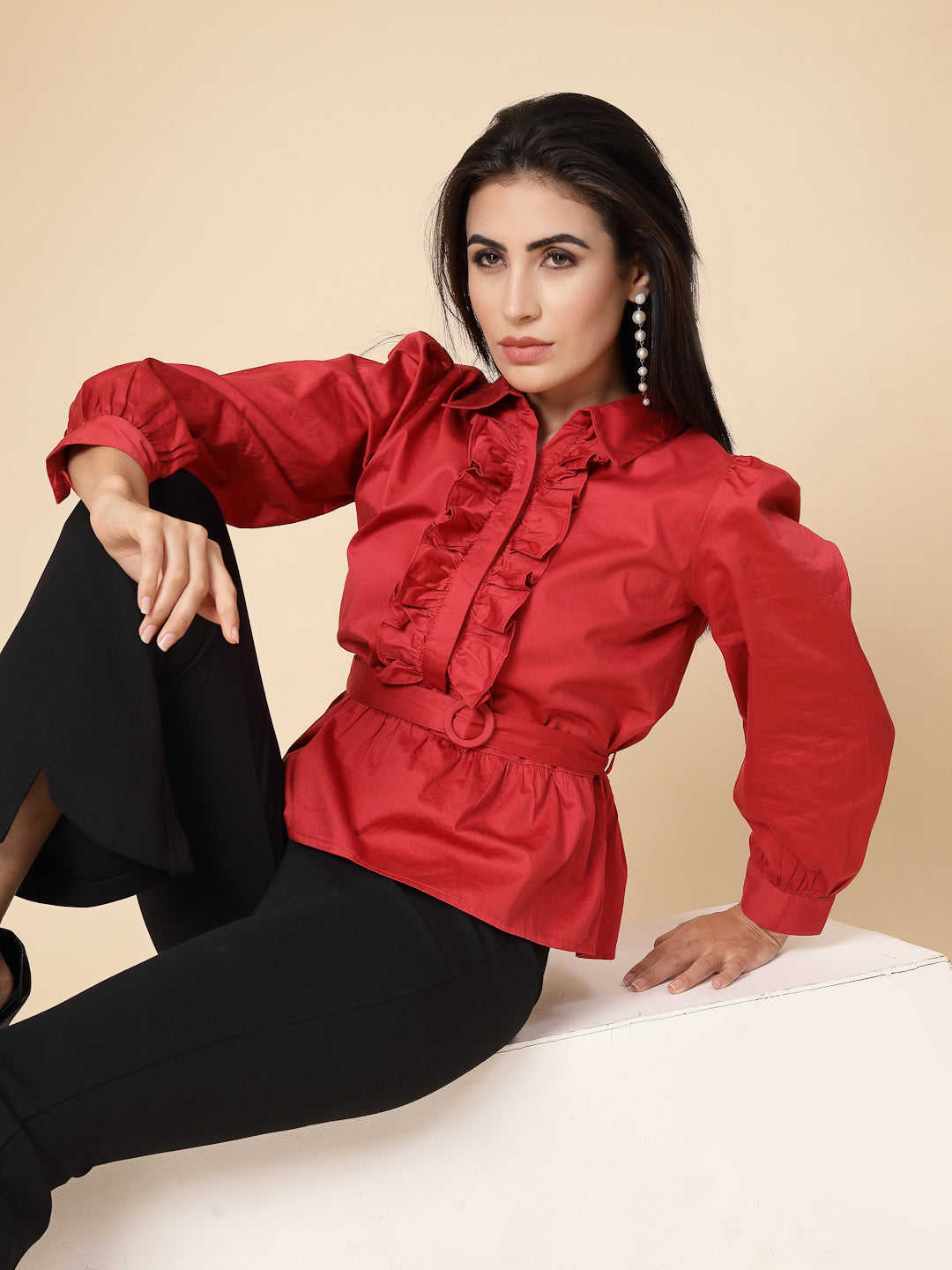 Gipsy Women Red Solid Cotton Bishop Full Sleeve Collared Frill Neck Top