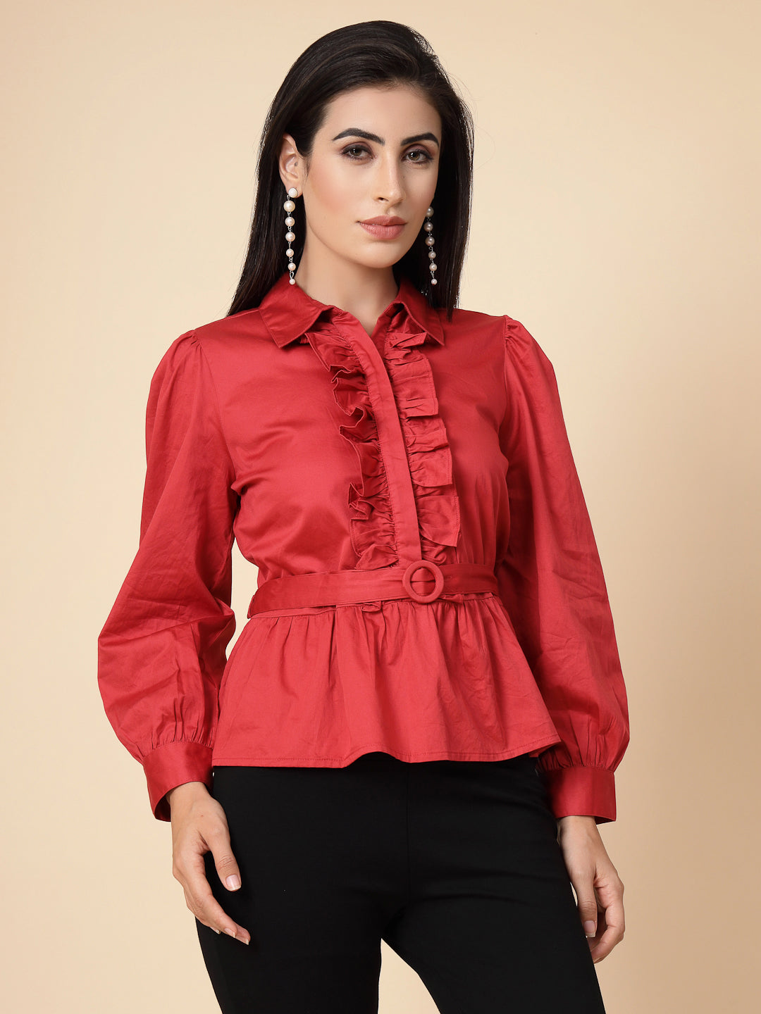 Gipsy Women Red Solid Cotton Bishop Full Sleeve Collared Frill Neck Top